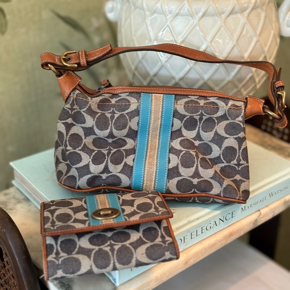 Coach Brown and Blue Shoulder Bag with Wallet